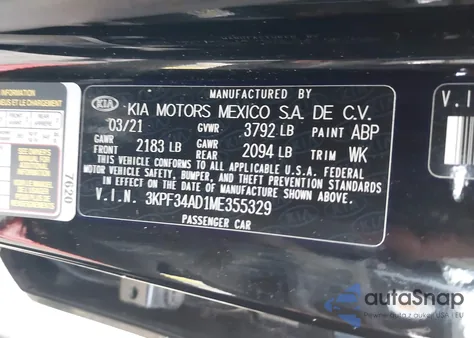 2021 Kia Forte Gt-Line from USA, damaged, VIN 3KPF34AD1ME355329